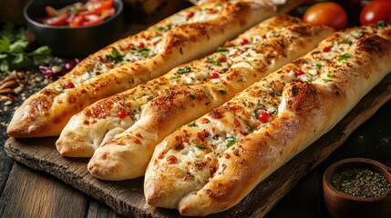 Poster - Delicious assortment of traditional Turkish breads garnished with herbs and toppings served on a rustic wooden board