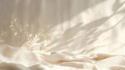 Aufkleber - Minimalist beige ceramic tabletop with softly draped linen fabric and delicate floral shadows creating an elegant aesthetic background