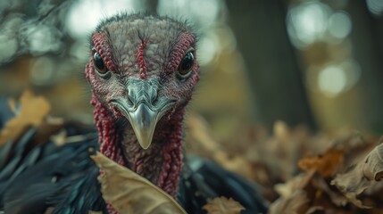 Aufkleber - Close-up of a majestic turkey surrounded by autumn leaves in a serene outdoor setting reflecting the beauty of nature.