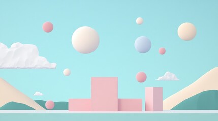 Poster - Playful Three-Dimensional Spheres and Cubes in a Whimsical Landscape with Soft Pastel Colors