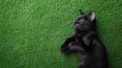 Poster - Playful black cat resting calmly on vibrant green artificial grass under soft natural light in a serene outdoor setting.