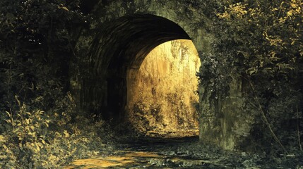 Poster - Mystical abandoned tunnel emerging into overgrown foliage and soft golden light inviting exploration and evoking a sense of mystery
