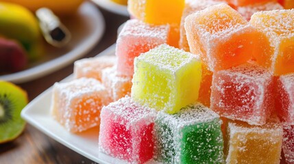 Aufkleber - Colorful assortment of Turkish delight candies dusted with powdered sugar on a serving plate with fresh fruits in the background