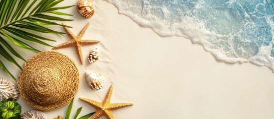 Poster - Aerial view of a tropical white sand beach with turquoise waves, seashells, starfish, and palm leaves for summer vacation themes