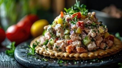 Aufkleber - Vibrant tuna salad with colorful vegetables served on a crispy cracker against a dark rustic background