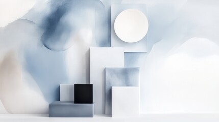 Poster - Vibrant Three Dimensional Geometric Photography with Soft Blue and White Abstract Background
