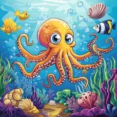 Poster - Underwater scene of an octopus and fish swimming together in the ocean