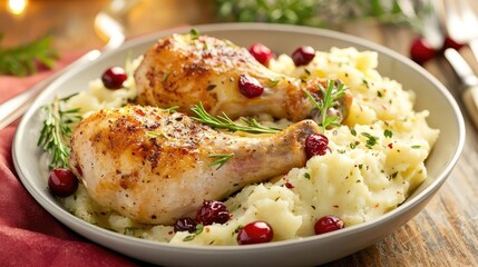 Poster - Turkey Drumsticks Served with Creamy Mashed Potatoes and Fresh Cranberries on a Rustic Table Setting