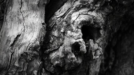 Poster - Textured close-up of ancient tree trunk showcasing intricate patterns and weathered details in monochrome tones