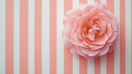 Aufkleber - Elegant pink rose delicately positioned on a soft striped pastel background in shades of white and blush, capturing a romantic and serene ambiance.
