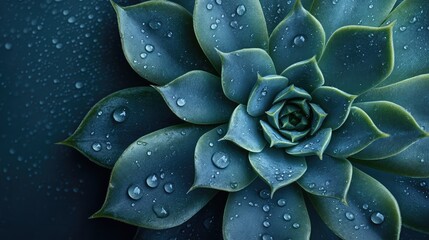 Aufkleber - Top view of a lush green succulent plant with water droplets on dark blue background highlighting intricate leaf patterns and textures.
