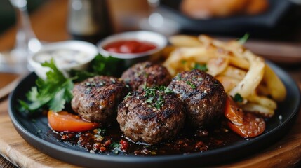 Poster - Delicious Traditional Turkish Meatballs Served with Crispy Fries and Fresh Herbs on a Plate