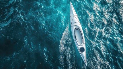 Poster - Aerial perspective of a sleek white kayak gliding through shimmering turquoise blue ocean waters, showcasing natural aquatic beauty.