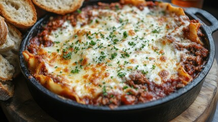 Poster - Rustic Top View of Spicy Lasagna Bolognese Enhanced with Melted Cheese and Fresh Parsley Served with Cumin-Seasoned Bread on Wooden Surface