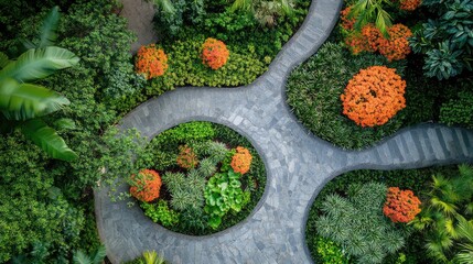 Poster - Aerial View of a Lush Tropical Garden in Vibrant Greens and Orange Mango Flowers with Stone Pathways in Eco-Friendly Landscape Design