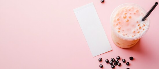 Aufkleber - Boba tea cup with milk tea and tapioca pearls on pink table with blank receipt and coffee beans in right empty space for text personalization