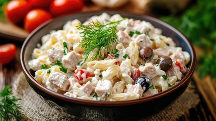 Aufkleber - Delicious Tuna Pasta Salad with Fresh Dill, Onions, Tomatoes, and Olives in a Rustic Bowl Setting
