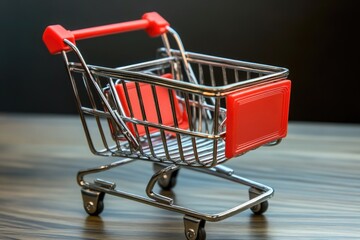 Poster - A small shopping cart placed on a wooden table, perfect for decorative or illustration purposes