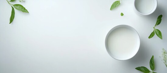 Poster - Minimalist white breakfast flat lay with empty space for text featuring bowls and fresh greenery on a light background