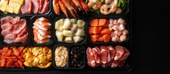 Leinwandbilder - Assorted appetizer platter featuring colorful meats and seafood on a black background with empty space for text in a buffet setting