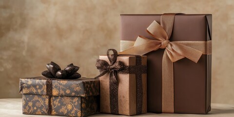 Poster - Elegant Brown and Gold Wrapped Gift Boxes with Ribbons on Soft Neutral Background for Winter Holiday Shopping and Promotions with Copy Space