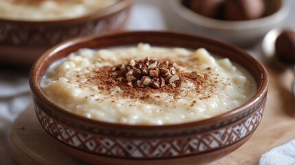 Aufkleber - Traditional Turkish Rice Pudding Garnished with Hazelnut Powder and Chocolate on a Rustic Table Setting