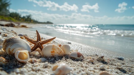 Poster - tropical seashells and starfish on sandy beach with sunlit ocean waves in the background and clear blue sky above