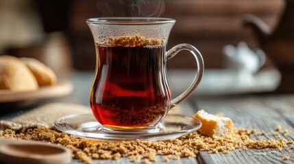 Aufkleber - Turkish tea in glass on rustic table surrounded by breadcrumbs and sweet pastries steam rising warm cozy atmosphere