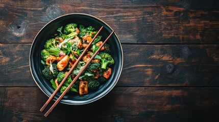 Aufkleber - Aerial view of a vibrant stir-fried chicken and broccoli dish with wooden chopsticks on a rustic dark brown wooden table showcasing healthy Asian cuisine.