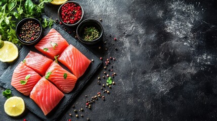 Aufkleber - Fresh tuna fillets with herbs and spices on a dark stone background ready for cooking or sushi preparation
