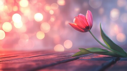 Aufkleber - Elegant pink tulip resting on a wooden table with a soft bokeh background, creating a dreamy and romantic atmosphere.