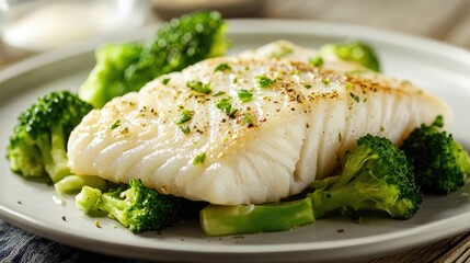 Aufkleber - Healthy Turbot Fillet Served with Steamed Broccoli Garnished with Fresh Herbs on a Neutral Plate