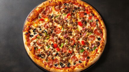Aufkleber - Delectable top view of a colorful pizza with assorted toppings on a black granite surface showcasing vibrant reds greens and earthy tones of sausage and vegetables