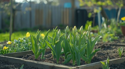 Poster - Fresh Spring Tulips Emerging in a Well-Tended Garden Bed Under Soft Morning Light