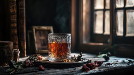 Poster - Turkish tea in ornate glass on rustic wooden table with dried petals and warm natural light from window