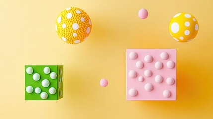 Poster - Playful Three Dimensional Cubes and Spheres with Bright Polka Dots on a Yellow Background