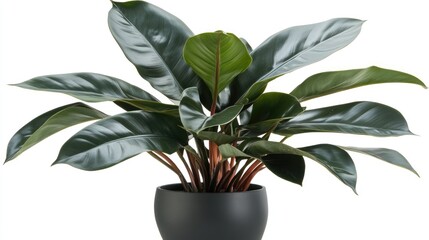 Poster - Lush tropical houseplant with large glossy leaves in modern black pot against a clean white background