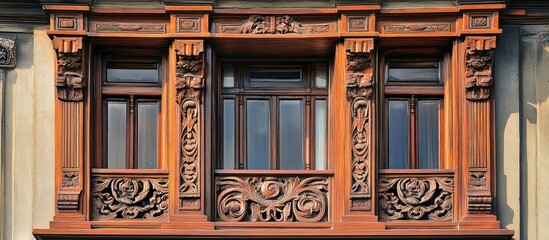 Poster - Intricate woodwork of a historic window showcasing traditional architectural beauty and craftsmanship in a vintage home exterior.