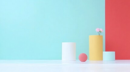 Poster - Dynamic Three-Dimensional Vibrant Geometric Shapes with Pastel Colors in Minimalist Style Interior Design