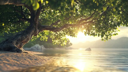 Poster - Serene tropical tree silhouette by calm water at sunrise with lush green leaves creating a peaceful and scenic natural landscape