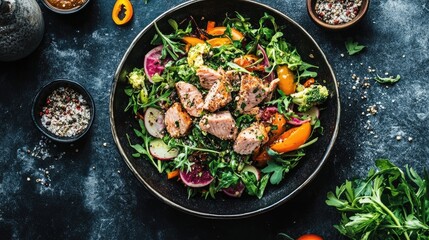 Aufkleber - Healthy tuna and vegetable salad with colorful greens and fresh ingredients in a rustic bowl on a dark textured background