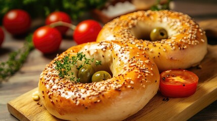 Poster - Turkish Bagels with Olive Cheese and Tomato Garnished on a Wooden Board Surrounded by Fresh Ingredients