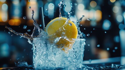 Poster - Splashing cocktail with lemon slice and stirrer at a vibrant nightclub bar setting creating a dynamic nightlife atmosphere