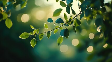 Poster - Soft Blurred Green Background with Spring Bokeh Effect Featuring Leaves Light Rays and Natural Circles Ideal for Nature and Wellness Themes