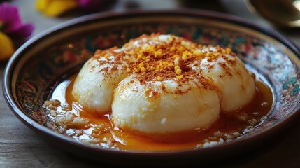 Aufkleber - Traditional Turkish Ashure dessert served in an ornate bowl garnished with nuts and spices, showcasing cultural culinary heritage.