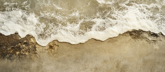Aufkleber - Aerial view of a serene sandy beach with gentle waves, beige sand meeting light blue ocean, ideal for showcasing coastal beauty and text placement.