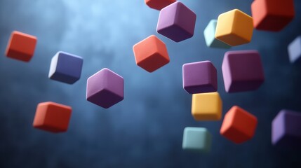 Poster - Playful and Vibrant Composition of Colorful Cubes Floating in Dim Atmospheric Photography