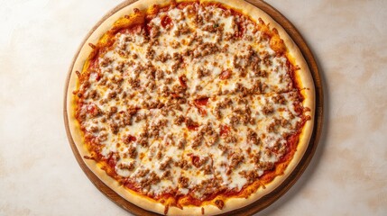 Aufkleber - Aerial view of a large round cheese pizza with sausage topping on a wooden board against a light beige background, perfect for menu design.