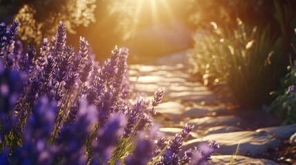 Poster - Lavender flowers blooming along a sunlit stone path in a serene garden setting