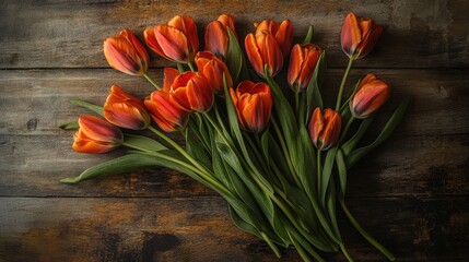Poster - vibrant orange tulips bouquet arranged on rustic wooden background beautifully showcasing nature's elegance and charm